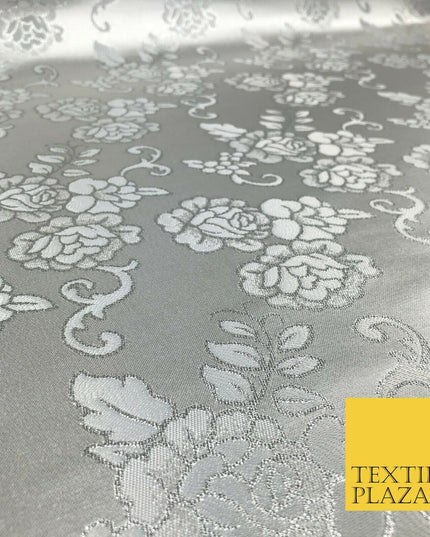 SILVER Ornamental Flower Ornate Rose Brocade Dress Fabric Metallic Woven 1398
