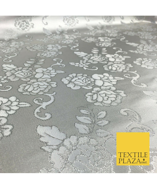 SILVER Ornamental Flower Ornate Rose Brocade Dress Fabric Metallic Woven 1398