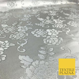 SILVER Ornamental Flower Ornate Rose Brocade Dress Fabric Metallic Woven 1398