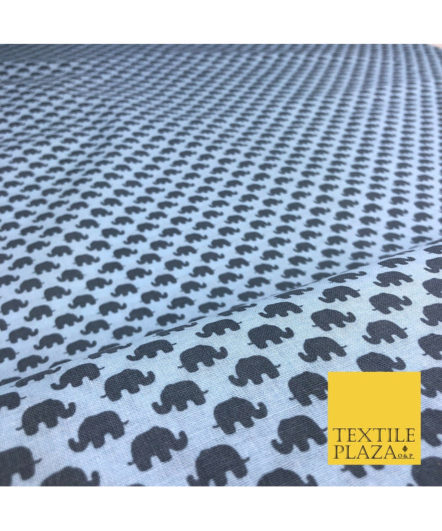 Light Blue Walking Elephants Herd Printed Fabric 100% Cotton Craft Safari RE902