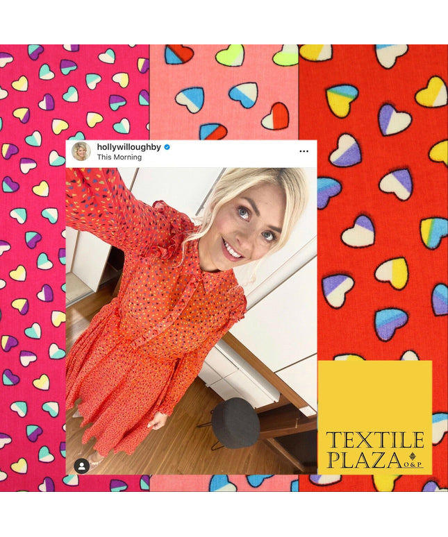 Small Cute Heart Love Valentine Rainbow Printed Crepe Polyester Dress Fabric 58"