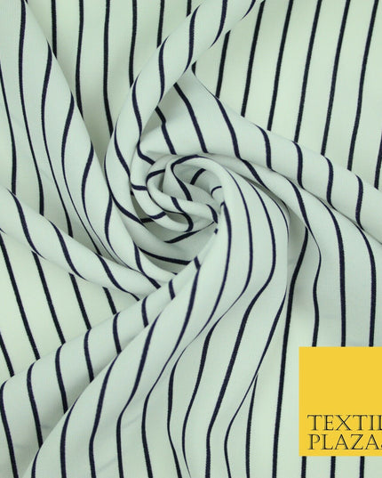 PINSTRIPE BRETON STRIPE Black White Printed Crepe Polyester Dress Fabric 2732