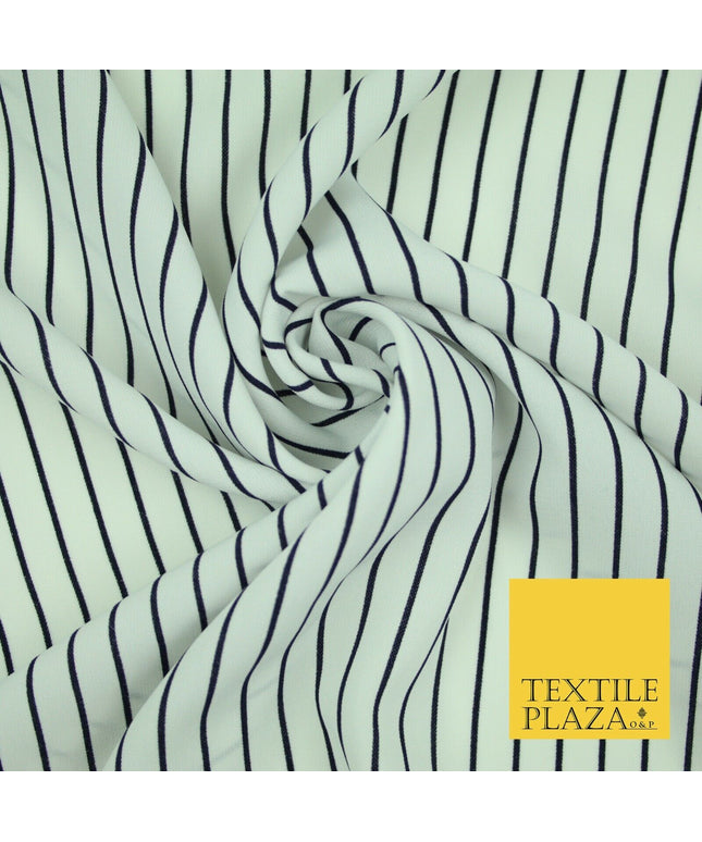PINSTRIPE BRETON STRIPE Black White Printed Crepe Polyester Dress Fabric 2732