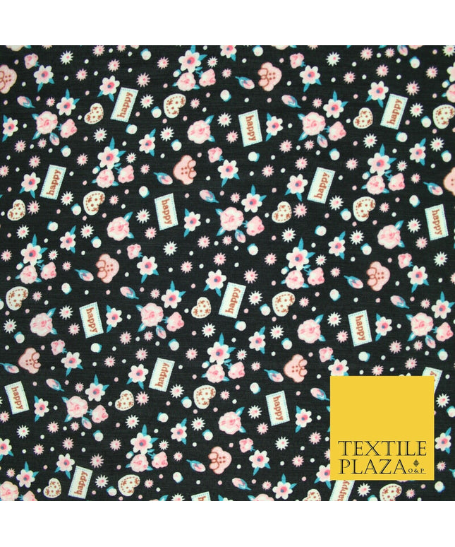 Black Pink Ditsy Small Floral Happy Printed Crepe Polyester Dress Fabric 2728