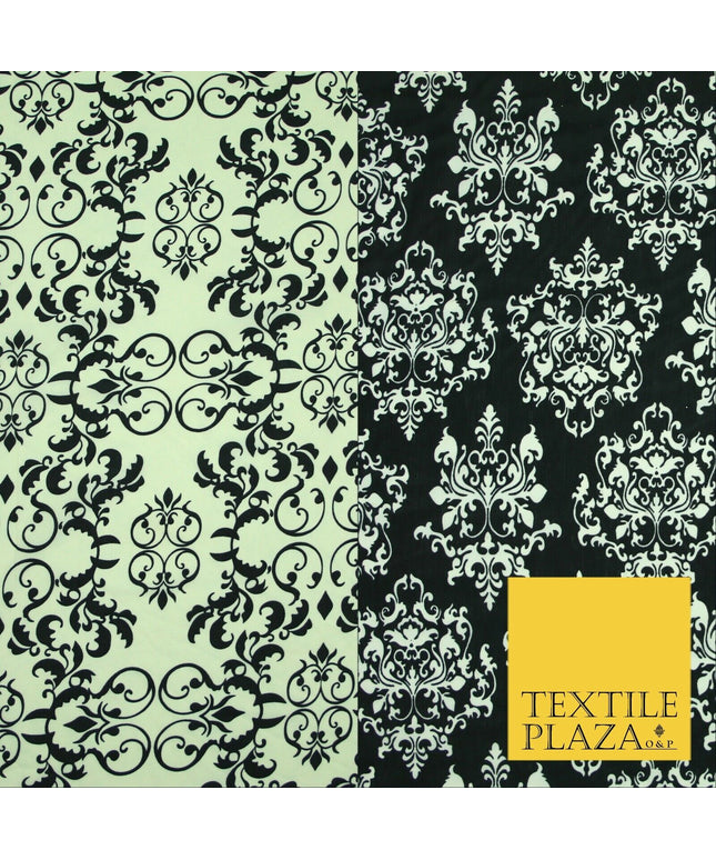 Black White Large Damask Intricate Printed Crepe Polyester Abstract Dress Fabric