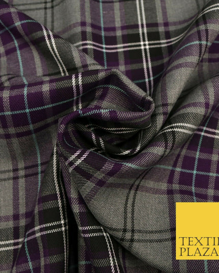 GREY PURPLE TARTAN Check Polyester Viscose Fabric 58" Craft Dress 1631