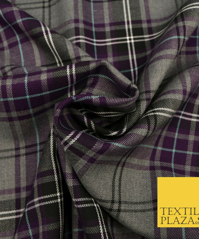 GREY PURPLE TARTAN Check Polyester Viscose Fabric 58" Craft Dress 1631
