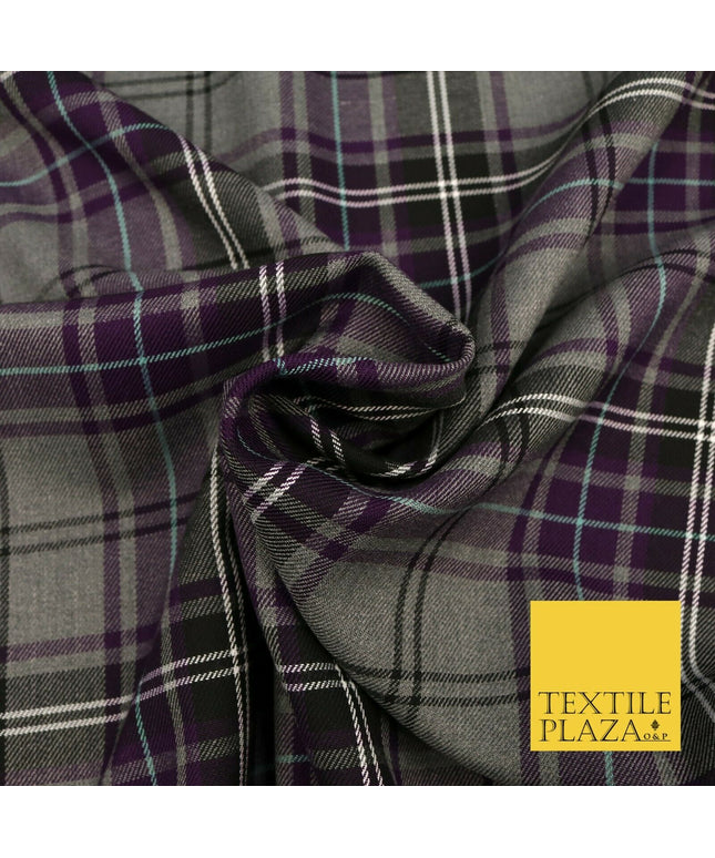 GREY PURPLE TARTAN Check Polyester Viscose Fabric 58" Craft Dress 1631