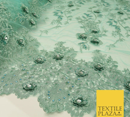 SEA GREEN 3D Flower Trio Scalloped Embroidered Net Lace Dress Fancy Bridal 1586