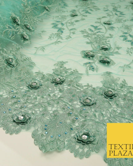 SEA GREEN 3D Flower Trio Scalloped Embroidered Net Lace Dress Fancy Bridal 1586