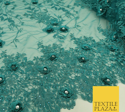 DEEP TEAL 3D Flower Trio Scalloped Embroidered Net Lace Dress Fancy Bridal 1584