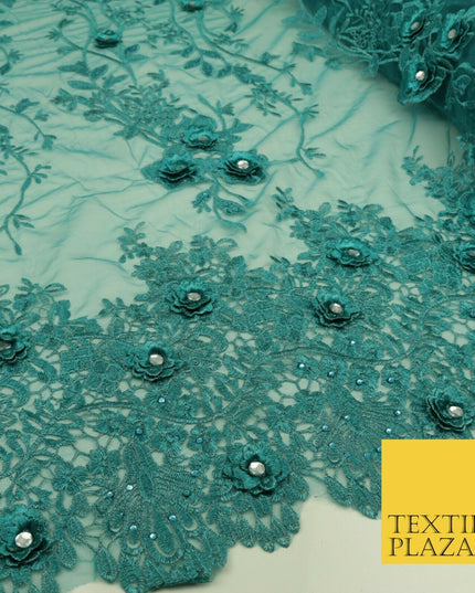 DEEP TEAL 3D Flower Trio Scalloped Embroidered Net Lace Dress Fancy Bridal 1584