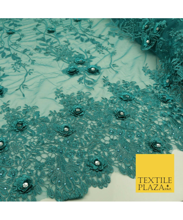 DEEP TEAL 3D Flower Trio Scalloped Embroidered Net Lace Dress Fancy Bridal 1584
