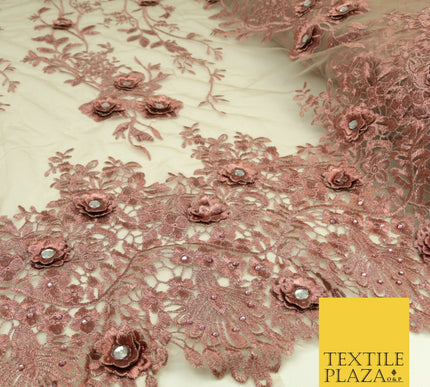 DUSTY PINK 3D Flower Trio Scalloped Embroidered Net Lace Dress Fancy Bridal 1582