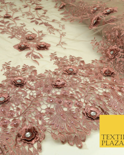 DUSTY PINK 3D Flower Trio Scalloped Embroidered Net Lace Dress Fancy Bridal 1582