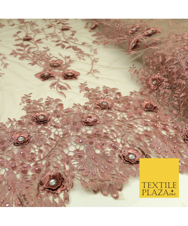DUSTY PINK 3D Flower Trio Scalloped Embroidered Net Lace Dress Fancy Bridal 1582