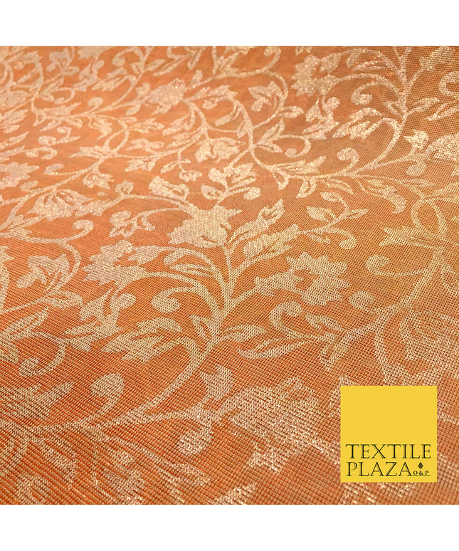 Rust/Dark Orange Floral Metallic Design Fabric - Shimmer Sparkle Glitter - 54"