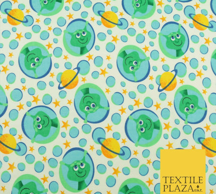 White Aliens Planets Stars Winceyette Soft Brushed Cotton Print Fabric Kids 1580