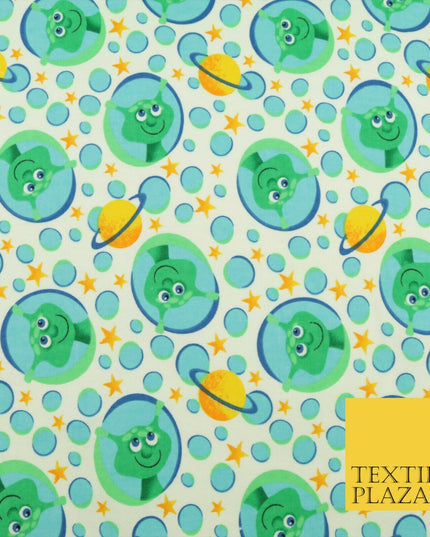 White Aliens Planets Stars Winceyette Soft Brushed Cotton Print Fabric Kids 1580