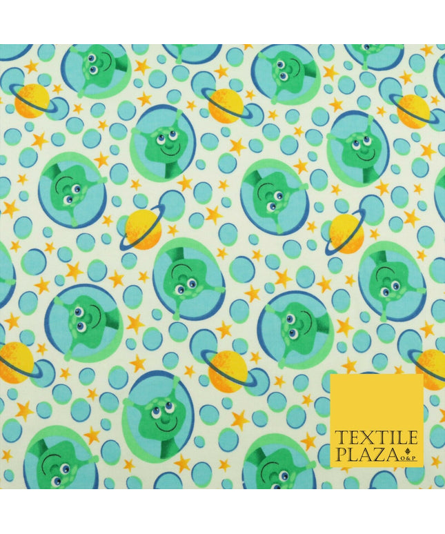 White Aliens Planets Stars Winceyette Soft Brushed Cotton Print Fabric Kids 1580