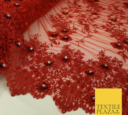 RED 3D Flower Trio Scalloped Embroidered Net Lace Dress Fancy Bridal 1583