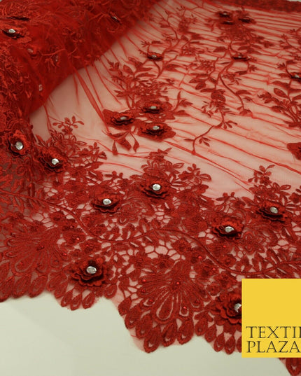RED 3D Flower Trio Scalloped Embroidered Net Lace Dress Fancy Bridal 1583