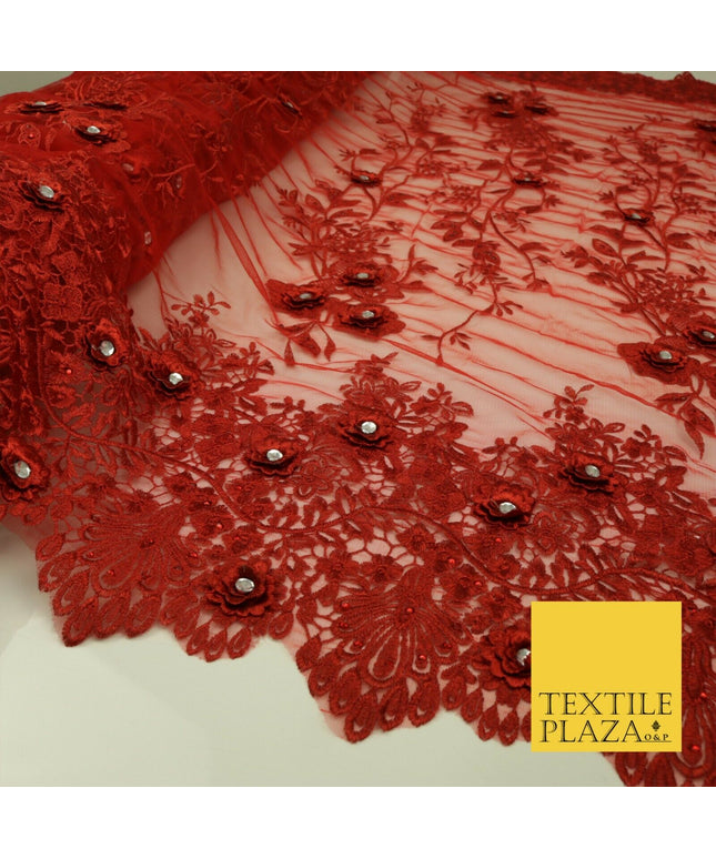 RED 3D Flower Trio Scalloped Embroidered Net Lace Dress Fancy Bridal 1583