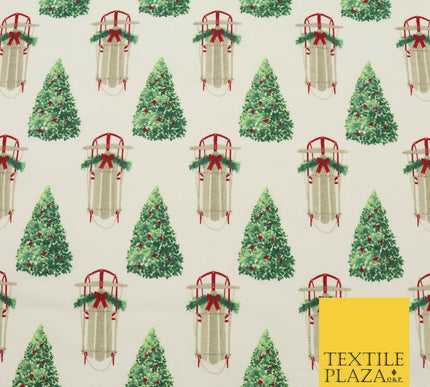 White Christmas Tree Sleigh Winceyette Soft Brushed Cotton Print Fabric 1620