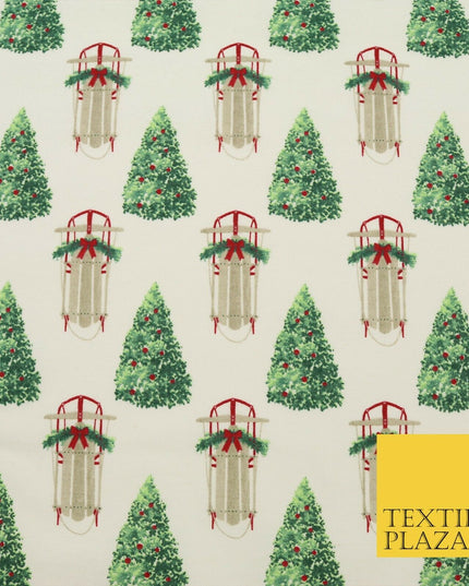 White Christmas Tree Sleigh Winceyette Soft Brushed Cotton Print Fabric 1620