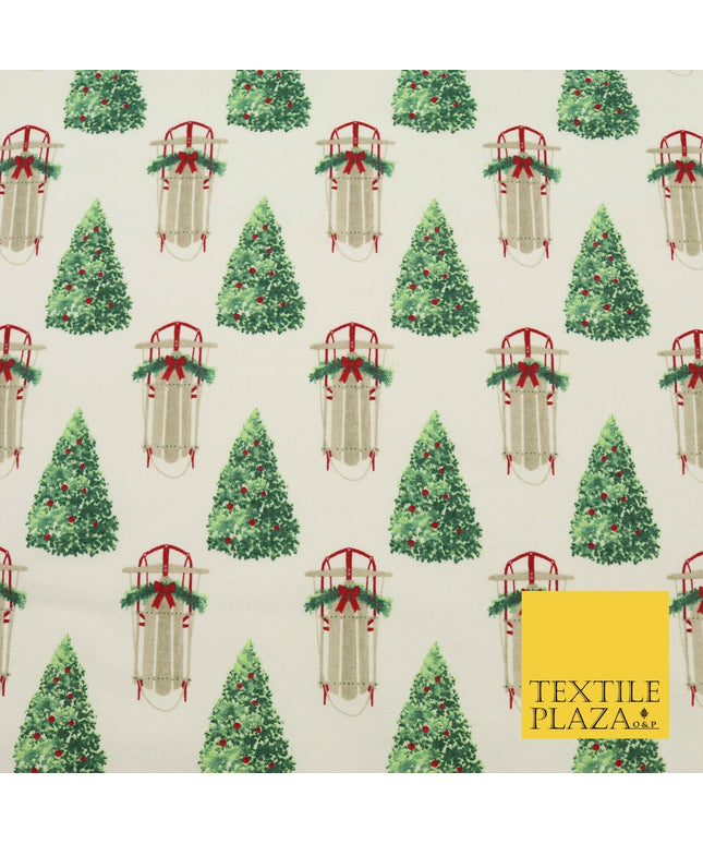 White Christmas Tree Sleigh Winceyette Soft Brushed Cotton Print Fabric 1620