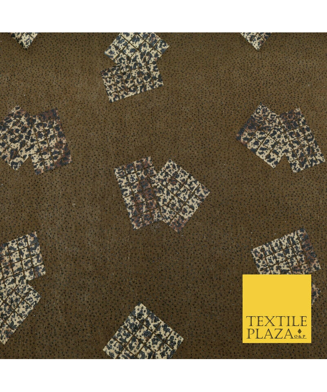 TAN BROWN Leopard Waffle Cube Metallic Glitter Stretch Jersey Fabric - 59" 1577