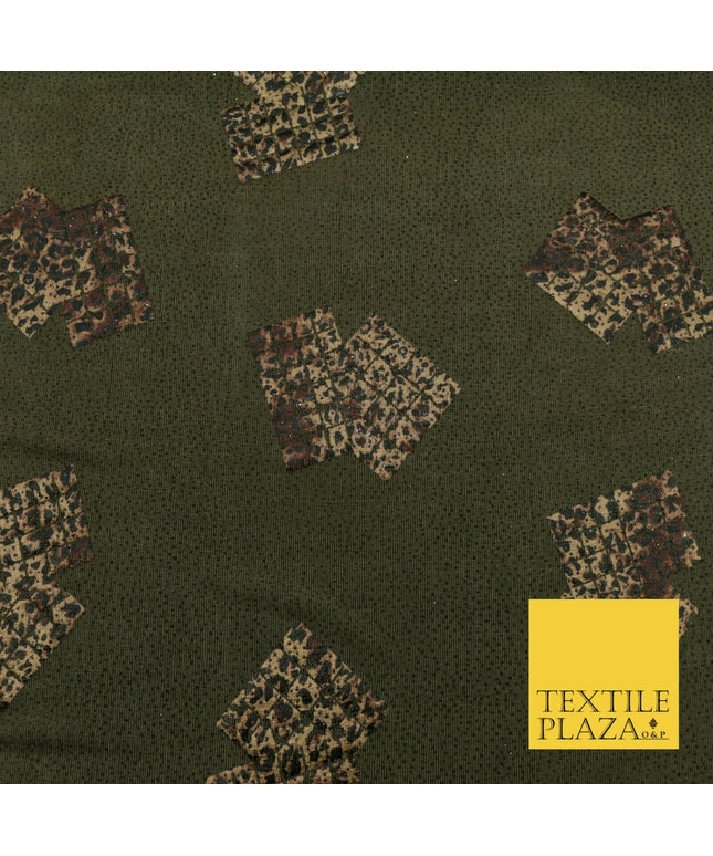 KHAKI GREEN Leopard Waffle Cube Metallic Glitter Stretch Jersey Fabric 59" 1578