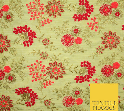 Beige Gold Faux Raw Silk with Cerise Pink Coral Floral Embroidery Fabric 2700