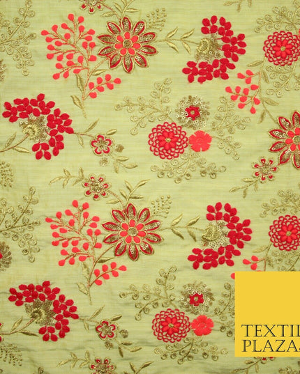 Beige Gold Faux Raw Silk with Cerise Pink Coral Floral Embroidery Fabric 2700