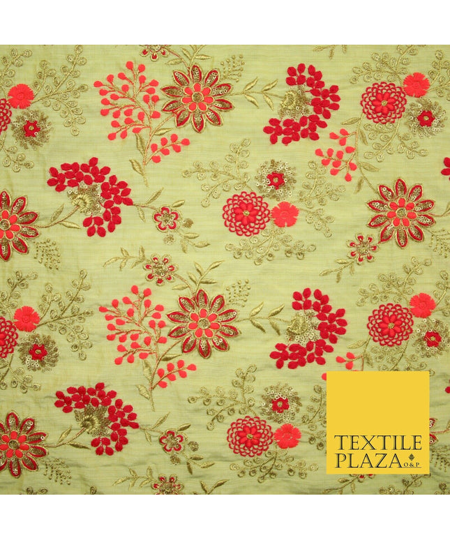 Beige Gold Faux Raw Silk with Cerise Pink Coral Floral Embroidery Fabric 2700