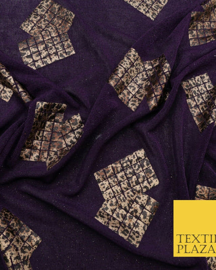 PURPLE Leopard Waffle Cube Metallic Glitter Stretch Jersey Fabric - 59" 1574
