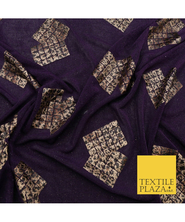 PURPLE Leopard Waffle Cube Metallic Glitter Stretch Jersey Fabric - 59" 1574