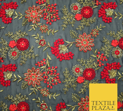 Dark Navy Blue Georgette with Cerise Pink Coral Floral Embroidery Fabric 2701