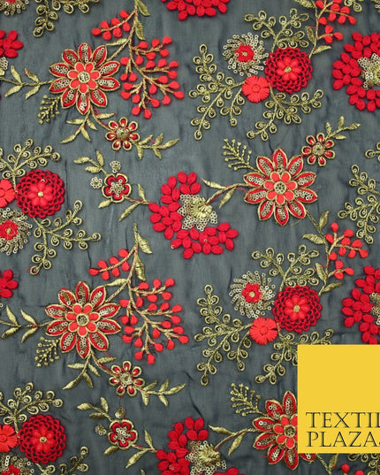 Dark Navy Blue Georgette with Cerise Pink Coral Floral Embroidery Fabric 2701
