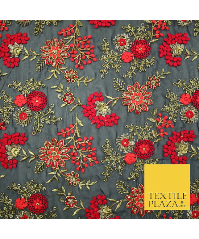 Dark Navy Blue Georgette with Cerise Pink Coral Floral Embroidery Fabric 2701