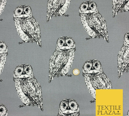 Silver Grey Large Vintage Owls 100% COTTON CANVAS Printed Fabric Craft 58" 1711