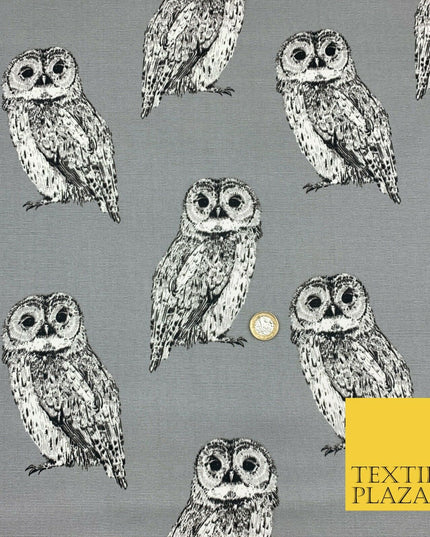 Silver Grey Large Vintage Owls 100% COTTON CANVAS Printed Fabric Craft 58" 1711