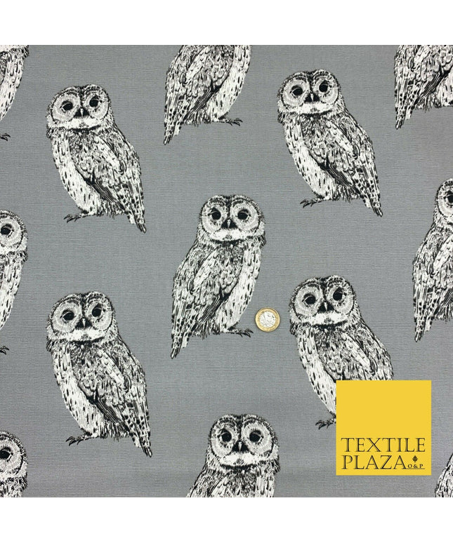 Silver Grey Large Vintage Owls 100% COTTON CANVAS Printed Fabric Craft 58" 1711