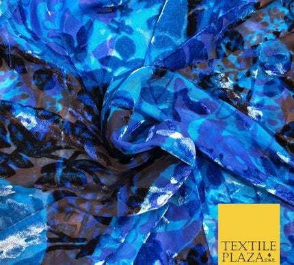 Blue & Black Velvet Devore Floral Silk Burnout Brasso Fabric - 45" PE961
