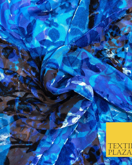 Blue & Black Velvet Devore Floral Silk Burnout Brasso Fabric - 45" PE961