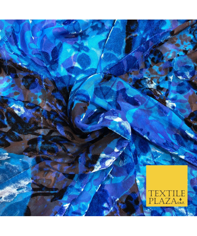 Blue & Black Velvet Devore Floral Silk Burnout Brasso Fabric - 45" PE961
