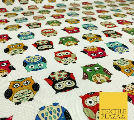 Ivory Cream Owls 100% COTTON CANVAS Printed Fabric Colourful Craft 58" 1709