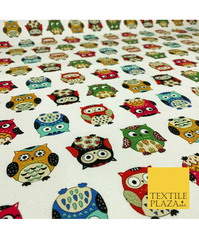 Ivory Cream Owls 100% COTTON CANVAS Printed Fabric Colourful Craft 58" 1709