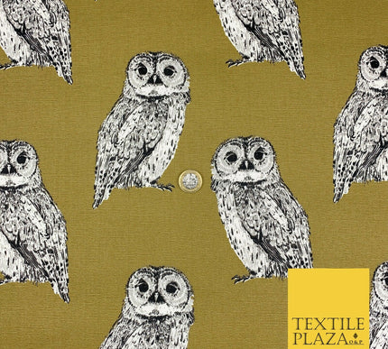 OLIVE Large Vintage Owls 100% COTTON CANVAS Printed Fabric Craft 58" 1710