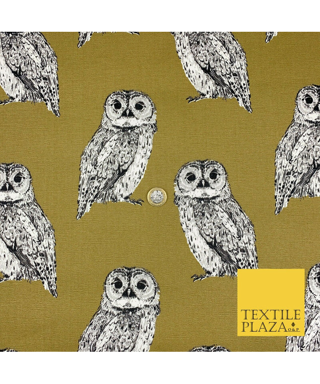 OLIVE Large Vintage Owls 100% COTTON CANVAS Printed Fabric Craft 58" 1710
